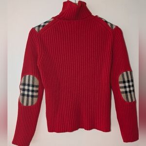 Burberry London Red Ribbed Turtleneck Sweater with Tan Plaid Accents Size S